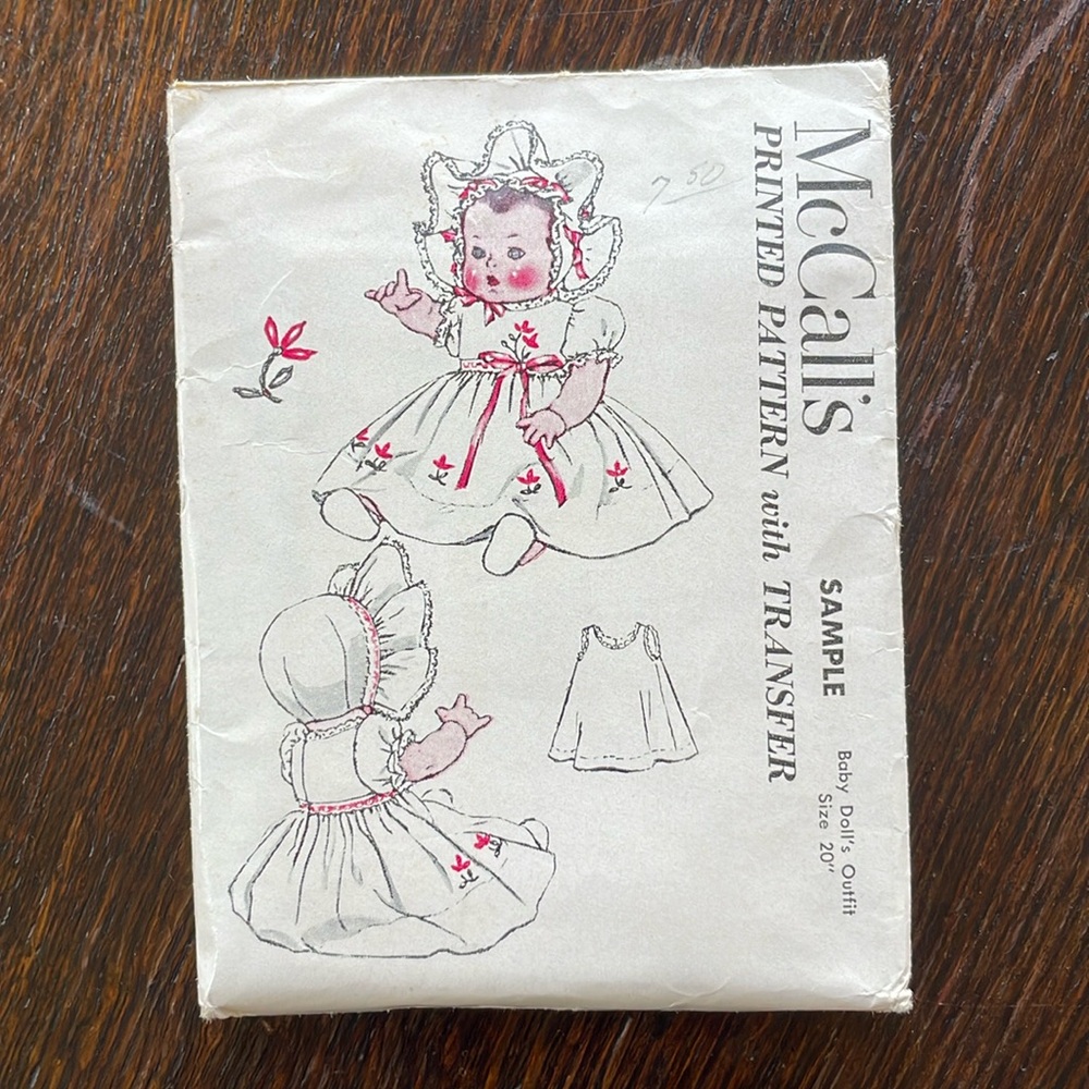 McCall's vintage, postcard size Printed Pattern Sample, Baby Doll's Outfit, 20"
